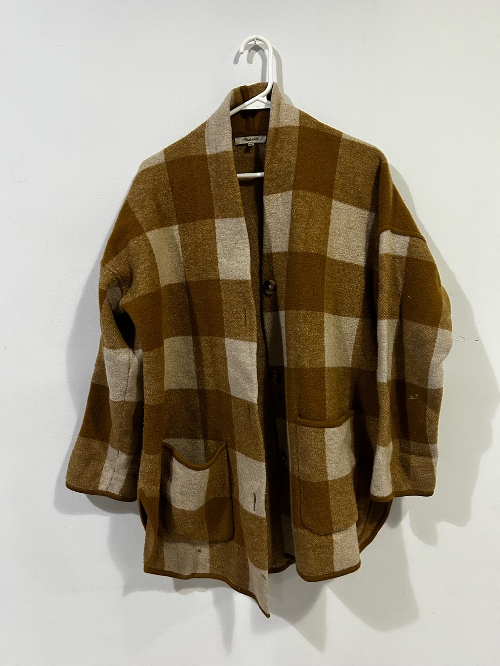 Madewell Camel and Cream Plaid Shawl Cardigan